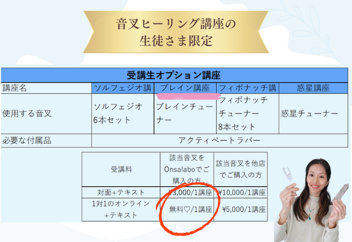 onsalabo日本音叉ヒーリング研究会の音叉ヒーリング講座の生徒さま限定講座の詳細